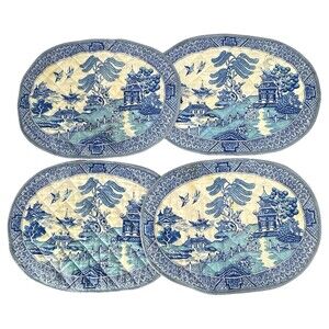 Blue Willow Quilted Place Mats 4 Placemats Blue White 14" x 10" VTG
